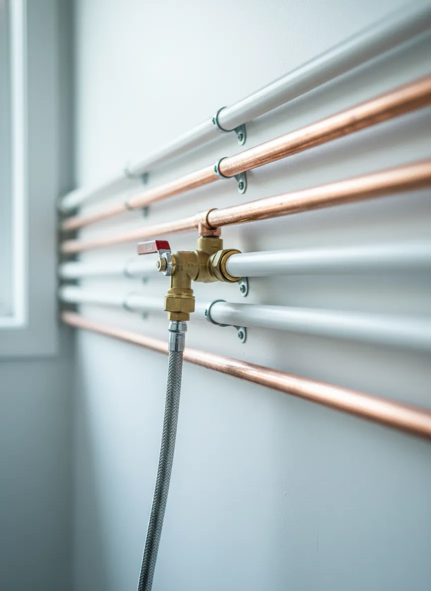 Neat copper and PEX plumbing lines with a brass shut-off valve on a bright utility wall