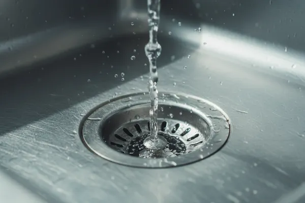 Clear water flowing freely down a clean stainless steel sink drain