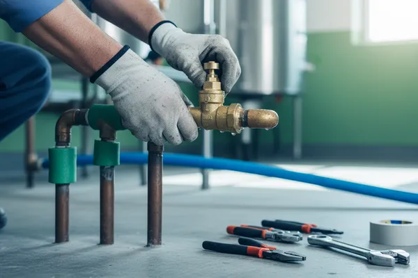 Plumber shutting off a main water valve during an emergency call