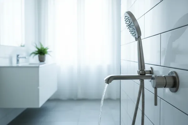 Modern brushed-nickel shower fixture and matching faucet newly installed in a bright bathroom