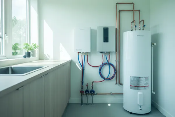 Newly installed tank and tankless water heaters in a clean utility room